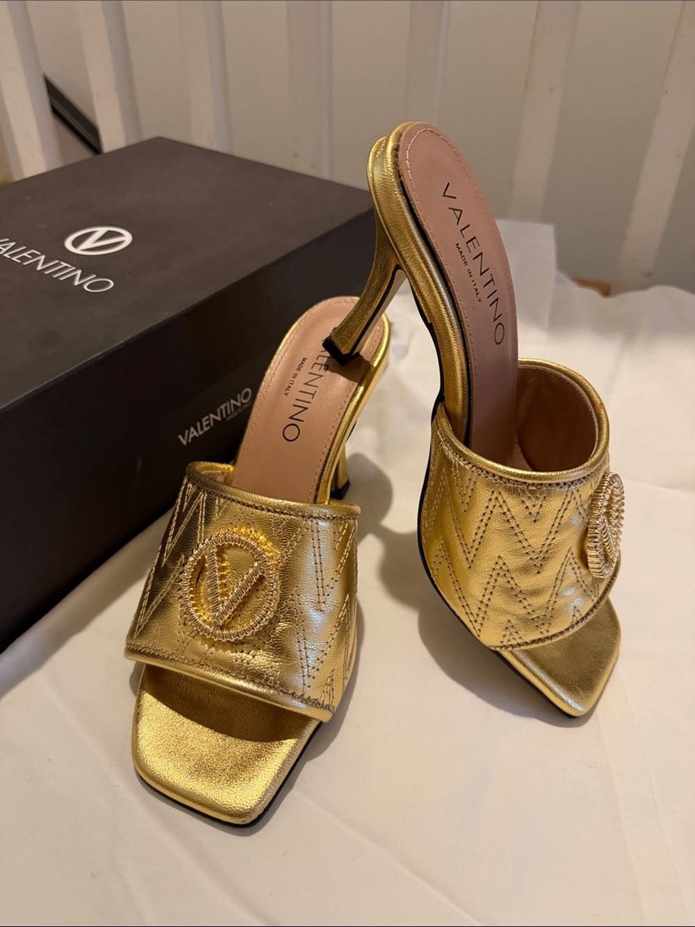 Valentino Metallic Gold Quilted Logo Mule Heels